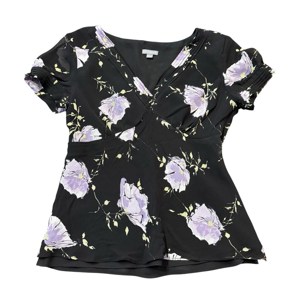 Ann Taylor black silk blouse w lilac/purple flowers, v-neck, semisheer sleeve, 4